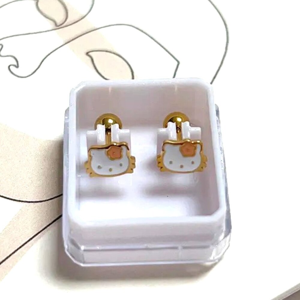 TINY WHITE, GOLD, BLACK, PINK, WHITE ENAMEL GOLD DIPPED KITTY EARRING/STUDS